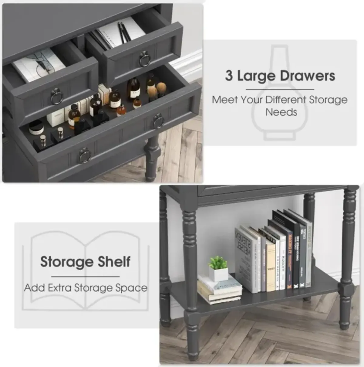 Hivvago Narrow Console Table with 3 Storage Drawers and Open Bottom Shelf