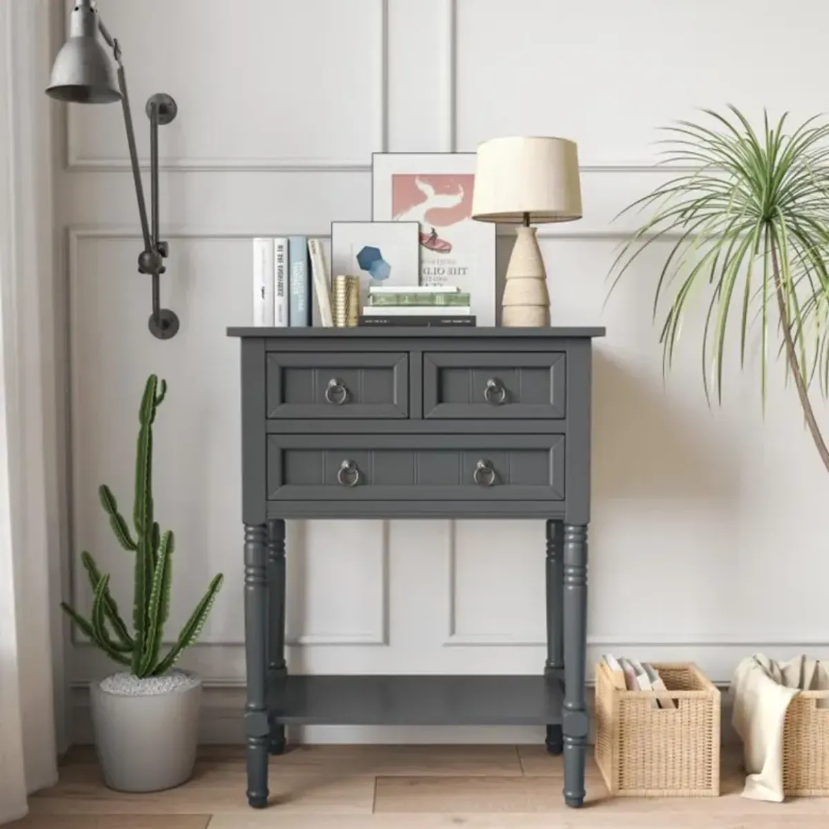 Hivvago Narrow Console Table with 3 Storage Drawers and Open Bottom Shelf