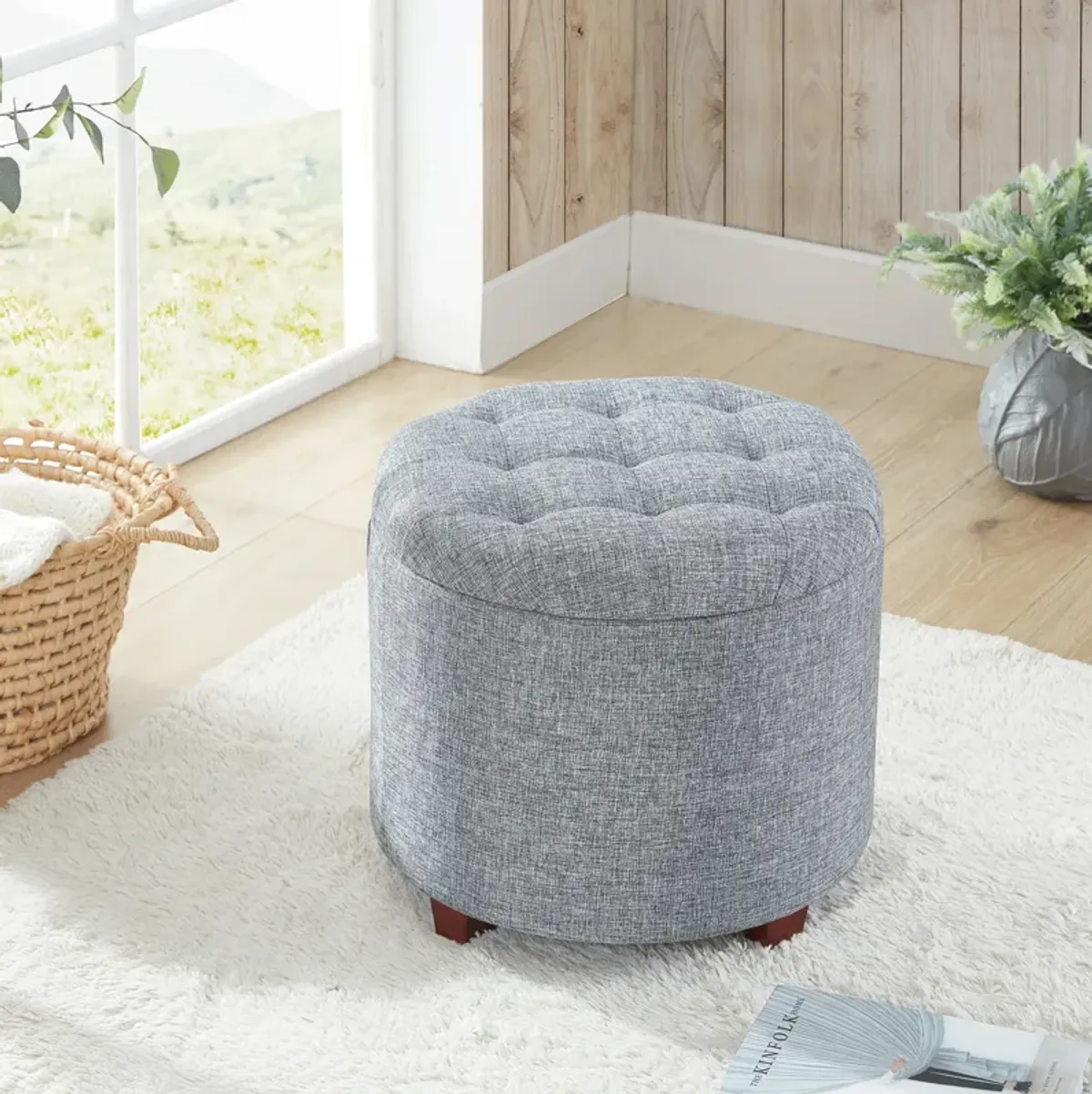 Donovan Round Tufted Linen Storage Ottoman - Gray