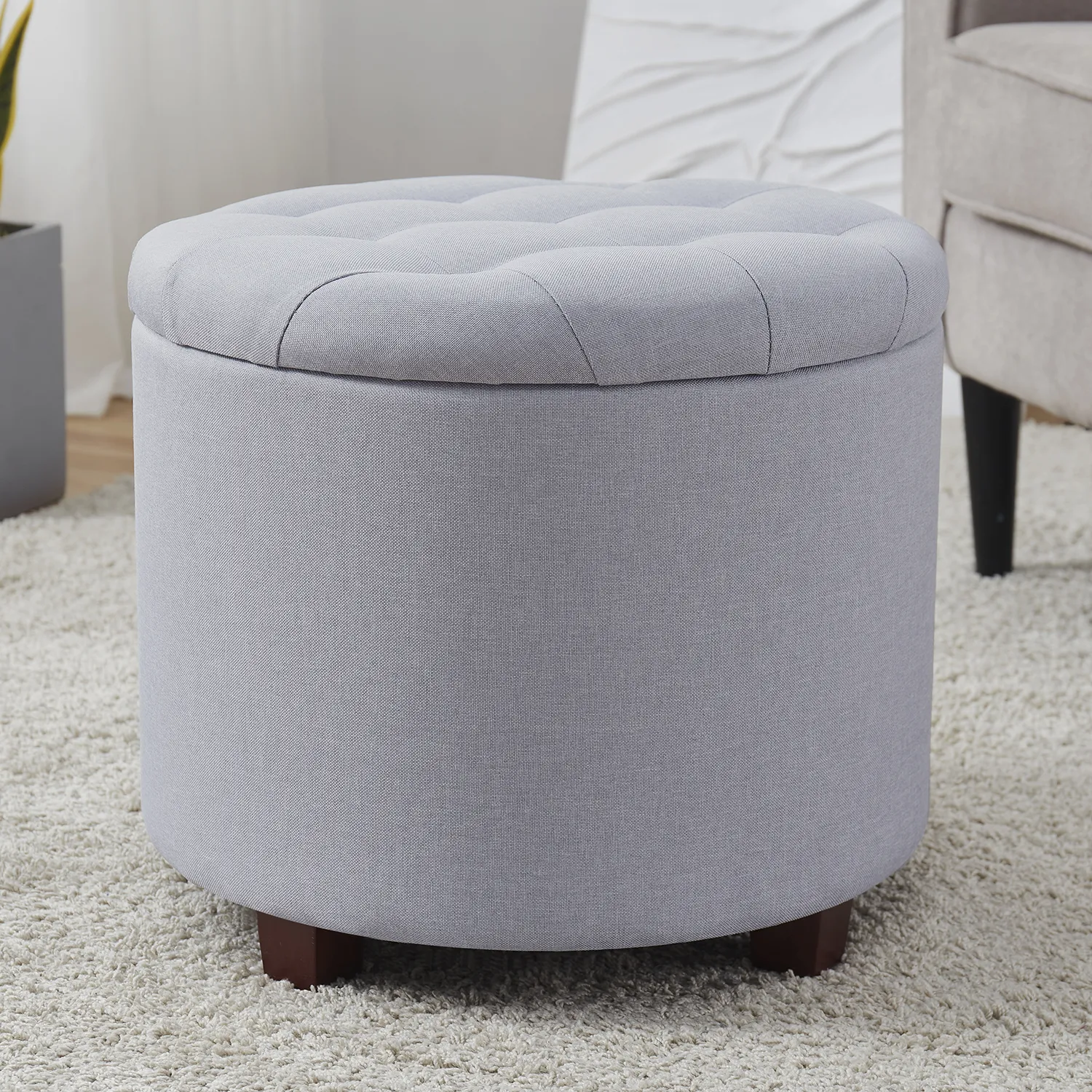 Donovan Round Tufted Linen Storage Ottoman - Gray