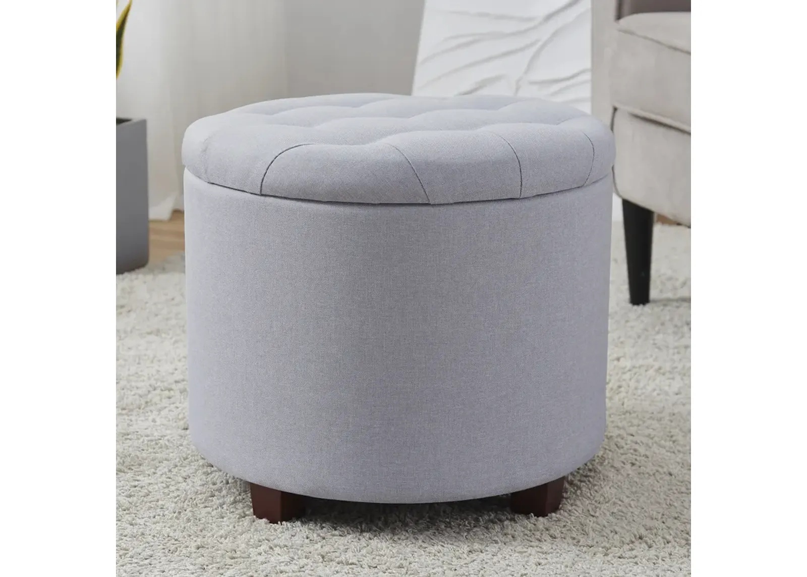 Donovan Round Tufted Linen Storage Ottoman - Gray