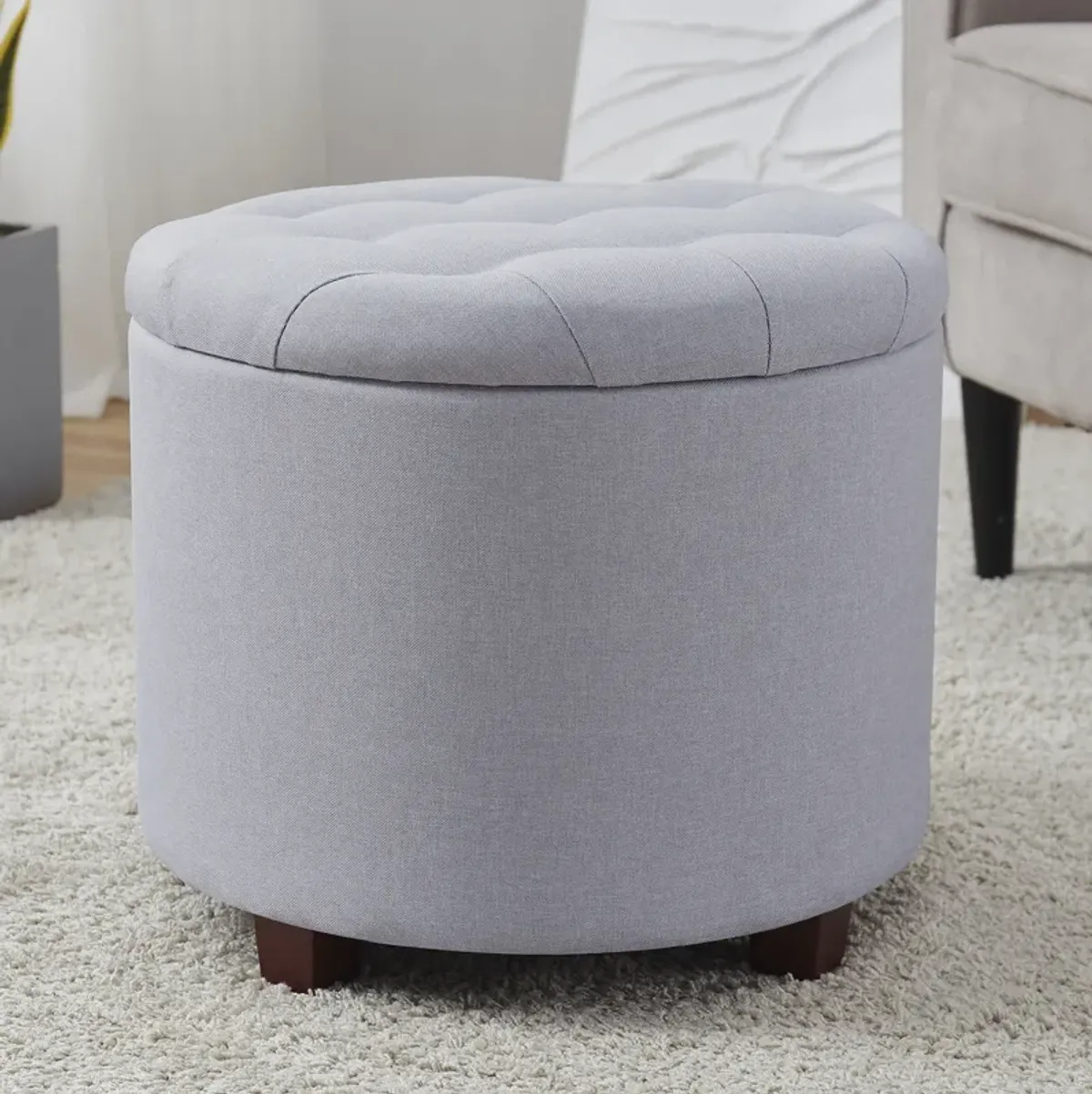 Donovan Round Tufted Linen Storage Ottoman - Gray