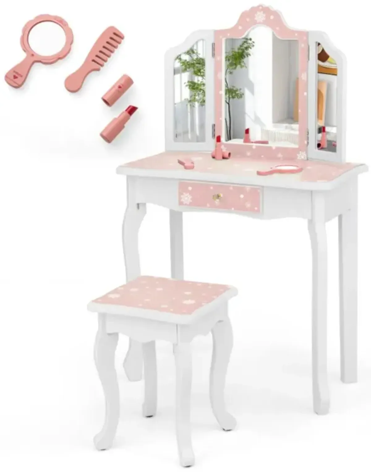 Hivvago Princess Pretend Play Makeup Table and Stool Set with Tri-folding Mirror