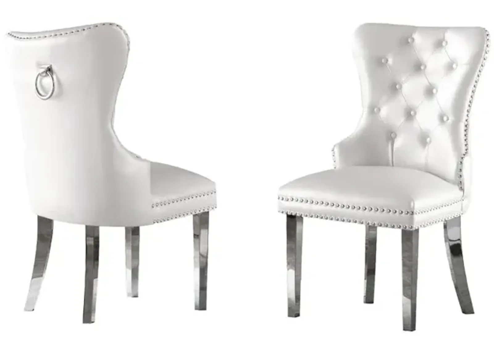 White Faux Leather Tufted Dining Side Chairs, Stainless Steel Legs - Set of 2