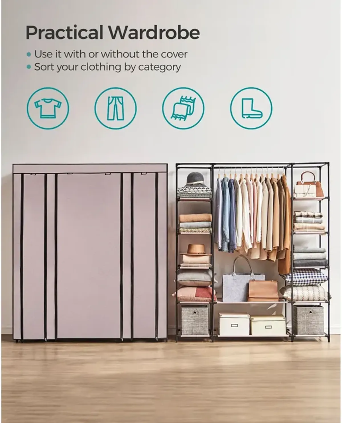 Portable Clothes Storage Solution with Shelves & Hanging Rail