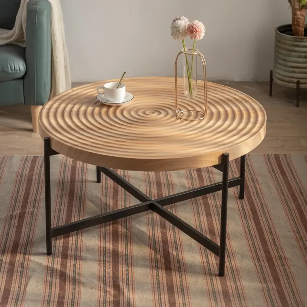 Modern Thread Design Round Coffee Table, MDF Table Top With Cross Legs Metal Base