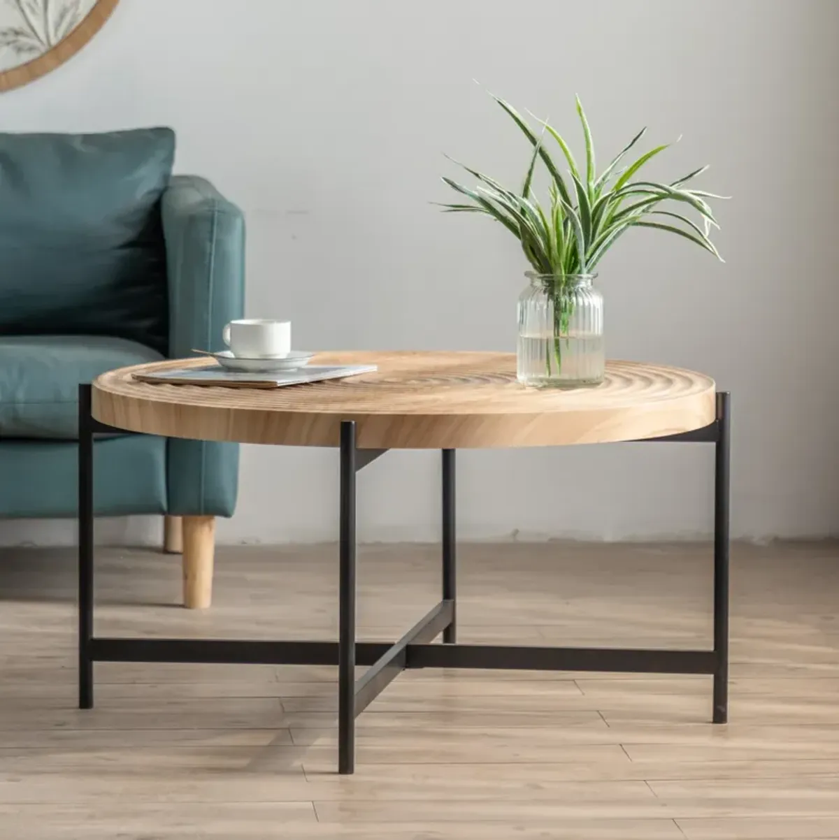 Modern Thread Design Round Coffee Table, MDF Table Top With Cross Legs Metal Base