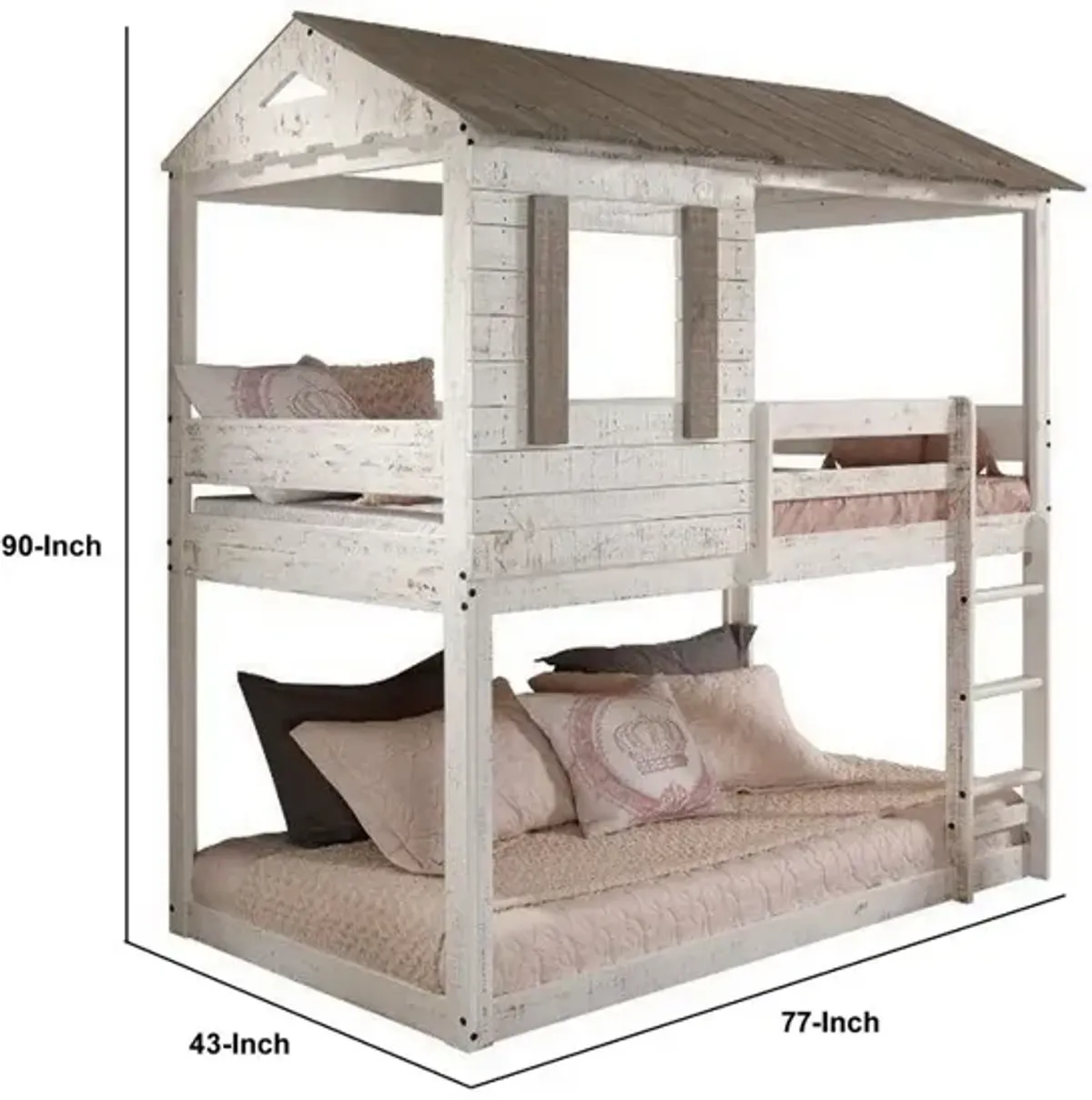 Wooden Twin Bunk Bed with House Design, White and Brown-Benzara