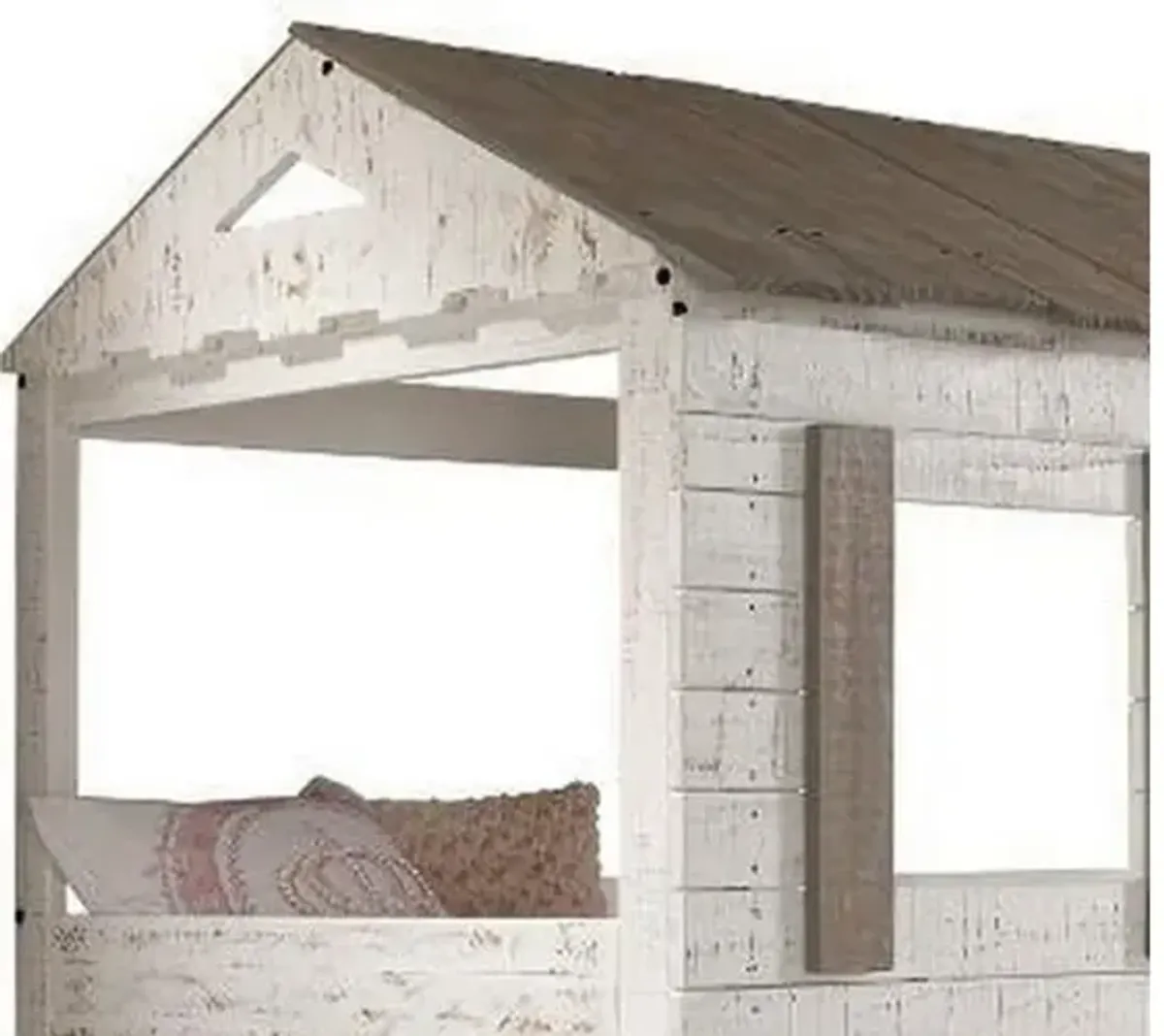 Wooden Twin Bunk Bed with House Design, White and Brown-Benzara