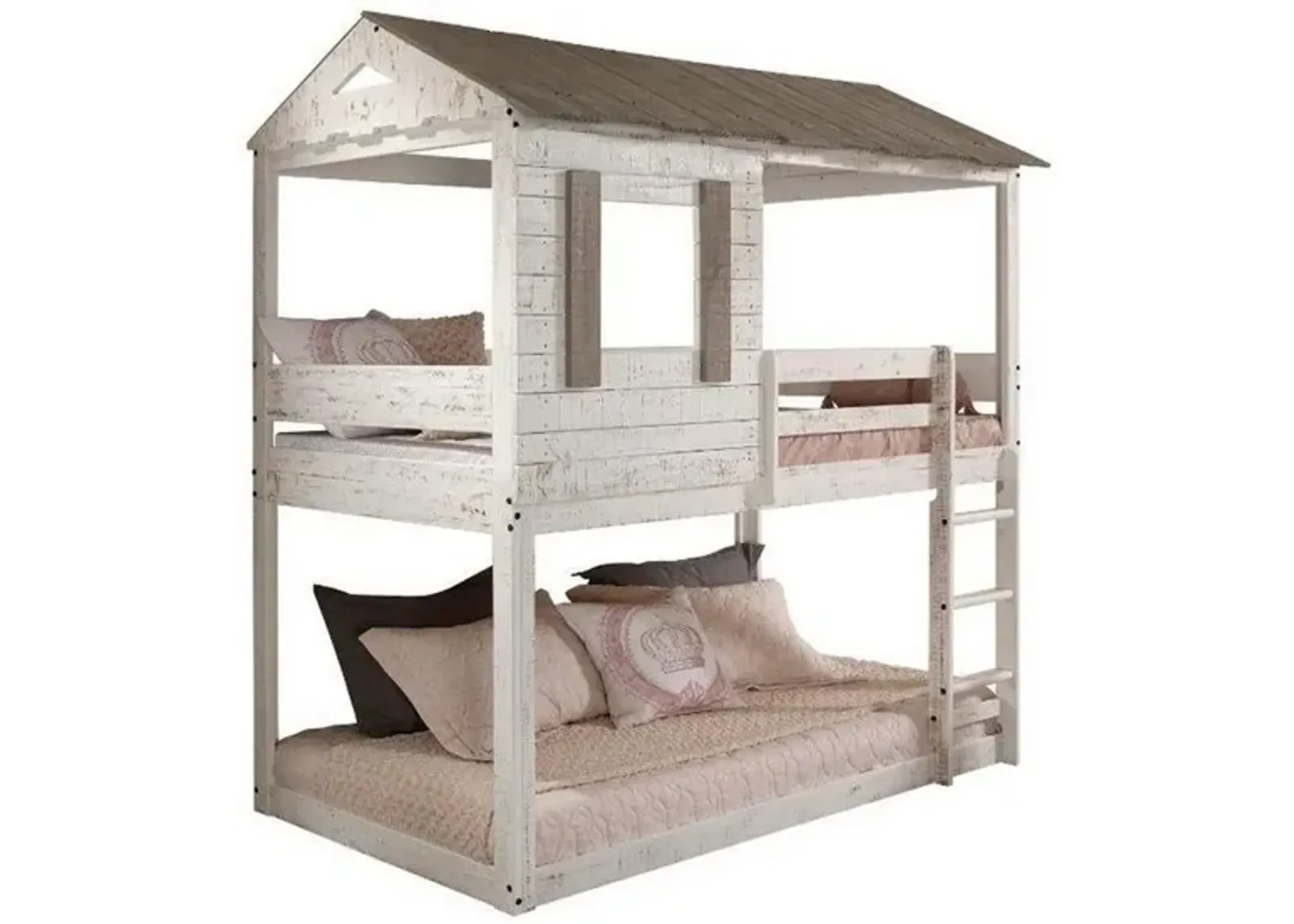 Wooden Twin Bunk Bed with House Design, White and Brown-Benzara