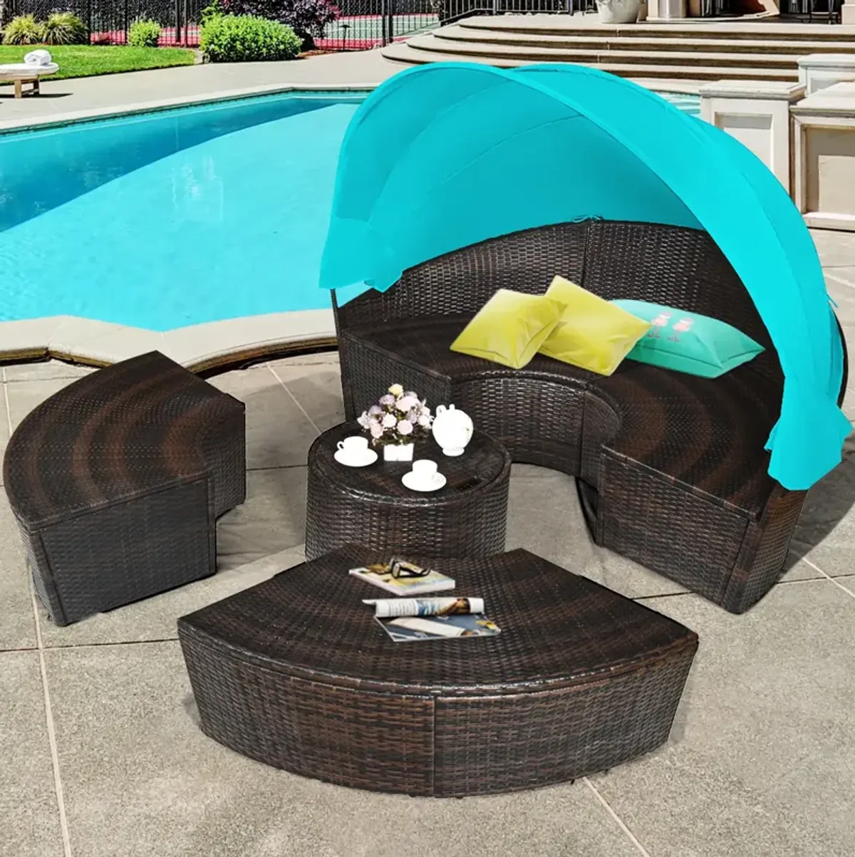 Patio Round Rattan Daybed with Retractable Canopy and Height Adjustable Coffee Table