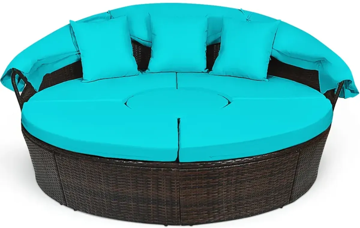 Patio Round Rattan Daybed with Retractable Canopy and Height Adjustable Coffee Table