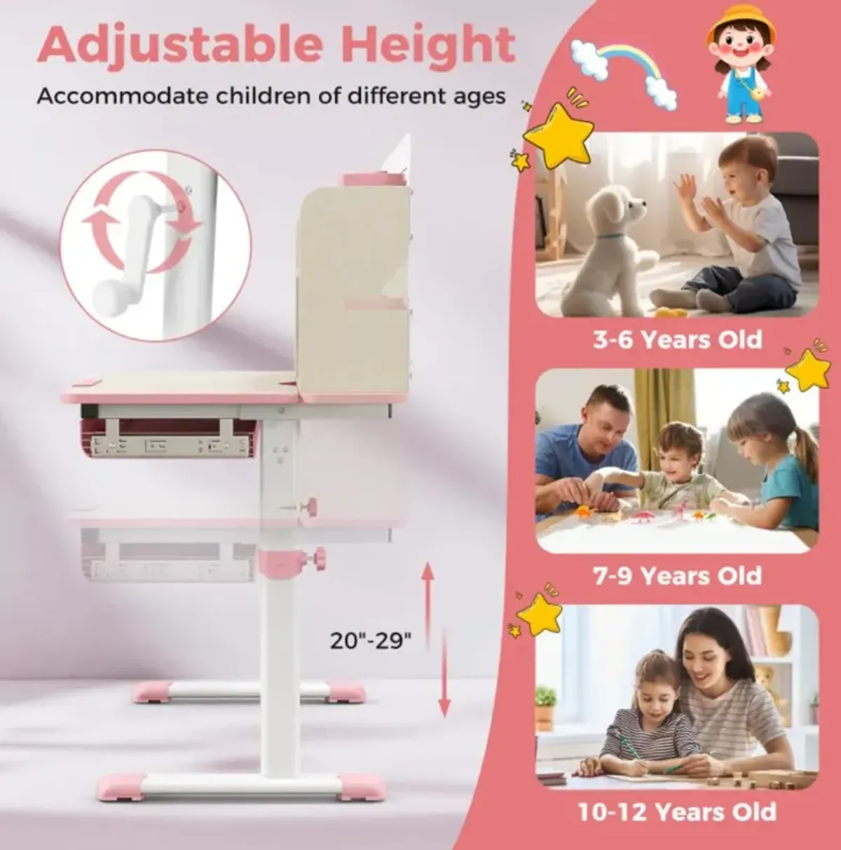 Hivvago Height Adjustable Kids Study Desk with Tilt Desktop for 3-12 Years Old