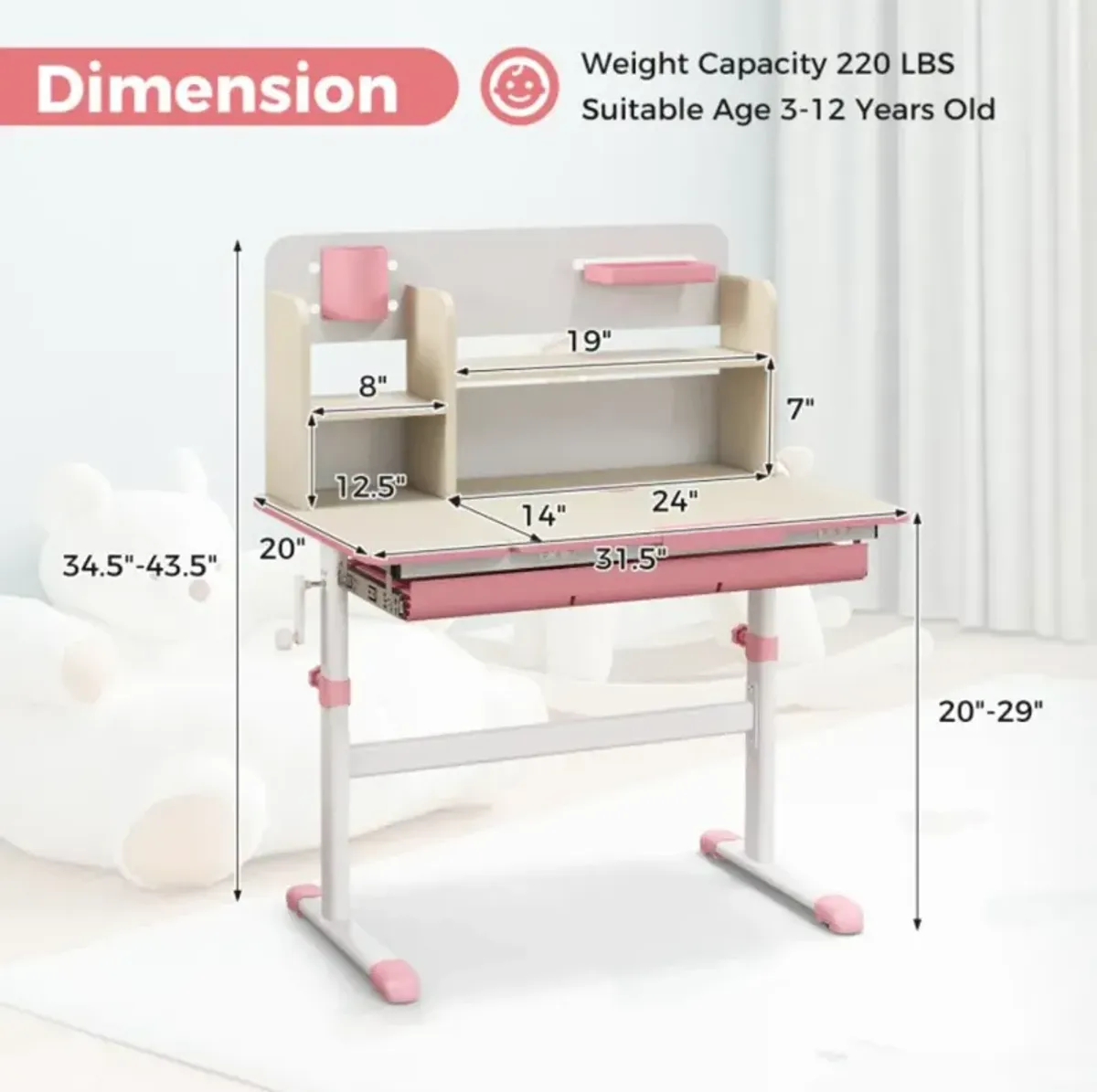 Hivvago Height Adjustable Kids Study Desk with Tilt Desktop for 3-12 Years Old