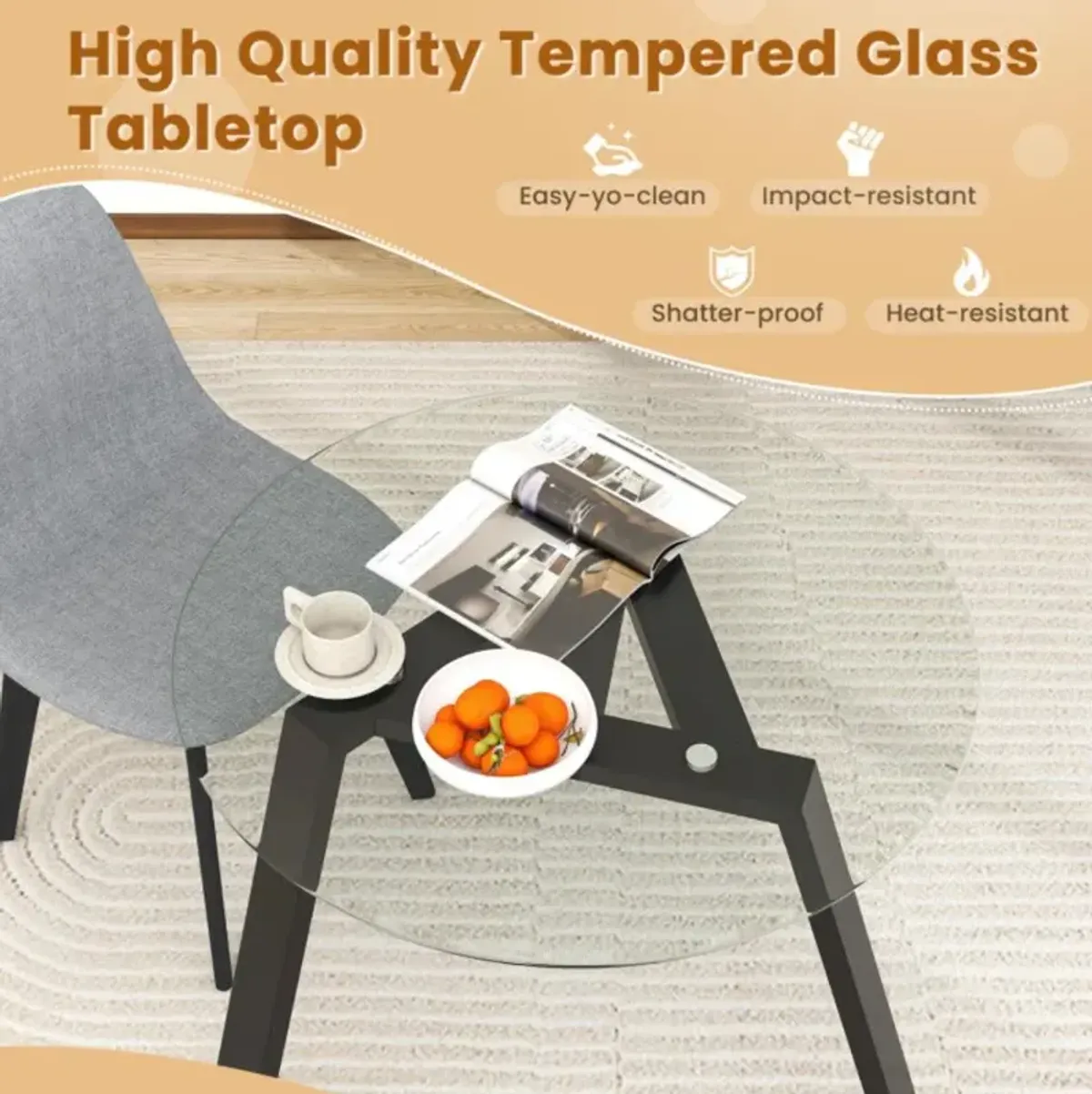 Hivvago 36 Inches Round Glass Dining Table for 4 with Rubber Wood Frame