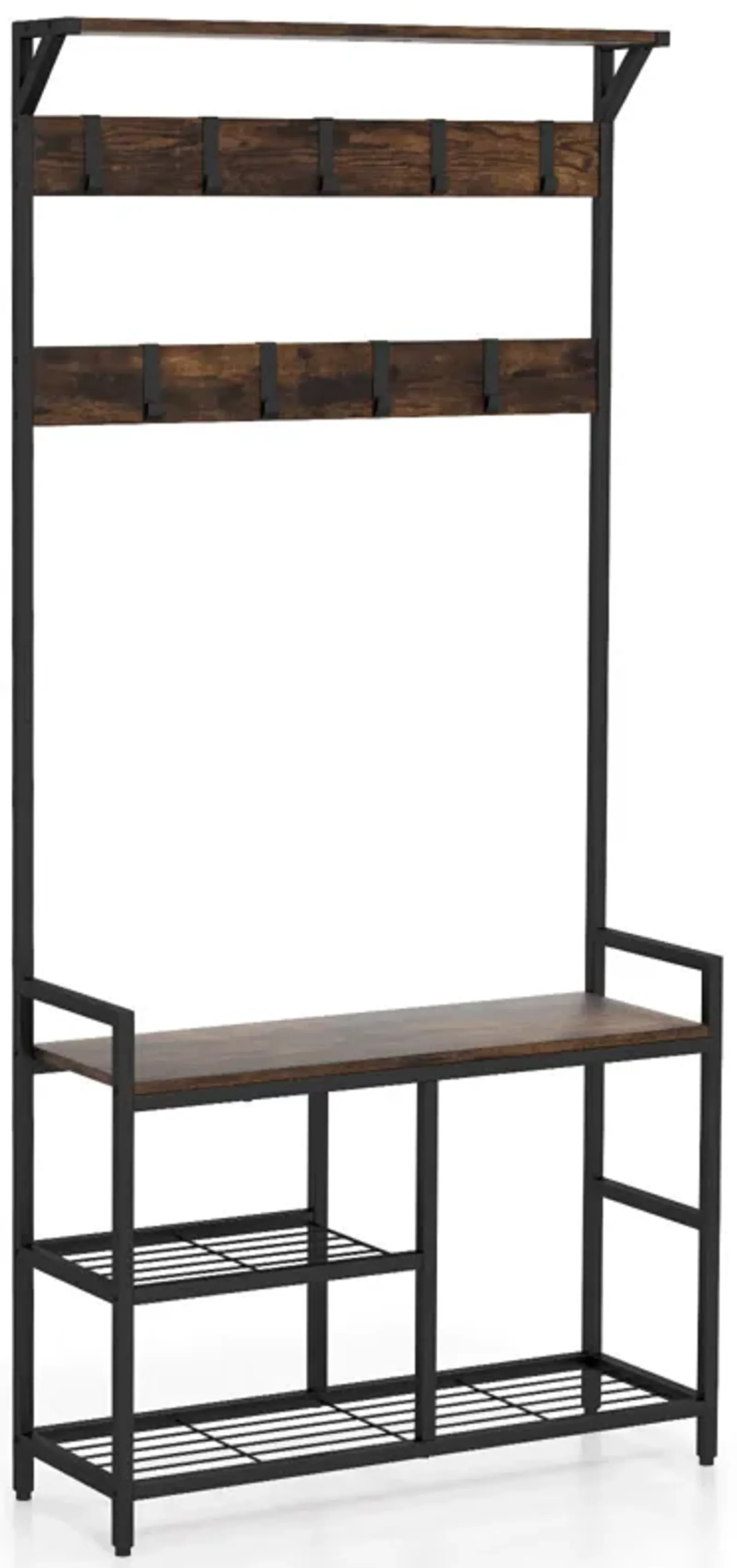 71 Inch Freestanding Hall Tree with Shoe Bench and 9 Removable Hooks-Rustic Brown