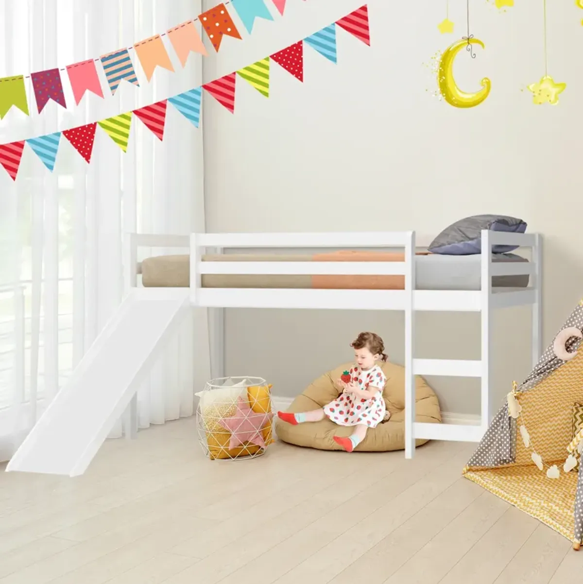 Twin Size Low Sturdy Loft Bed with Slide Wood