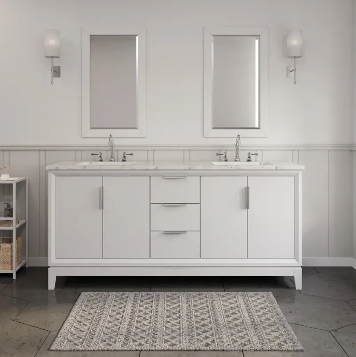 Elizabeth 72 In. Double Sink Carrara White Marble Countertop Bath Vanity In Pure White with Brushed Silver Hardware