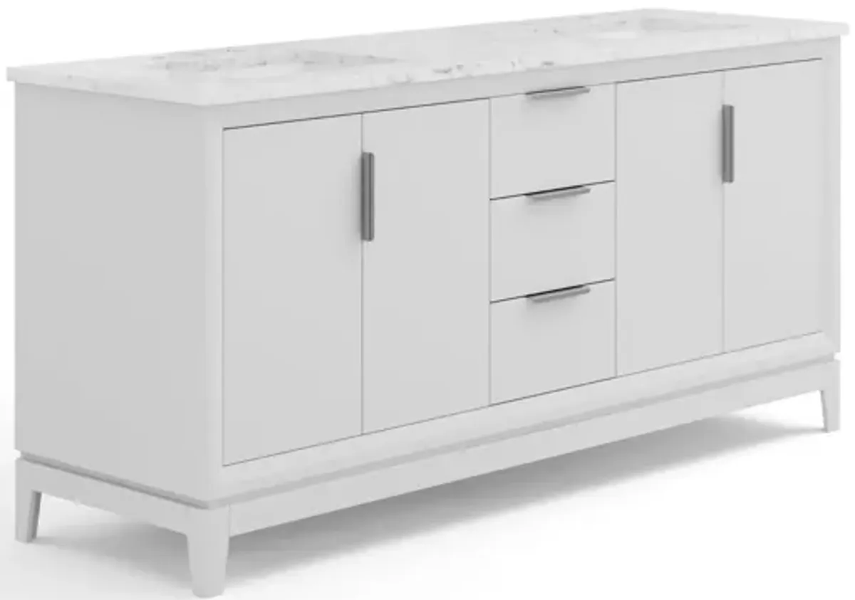 Elizabeth 72 In. Double Sink Carrara White Marble Countertop Bath Vanity In Pure White with Brushed Silver Hardware