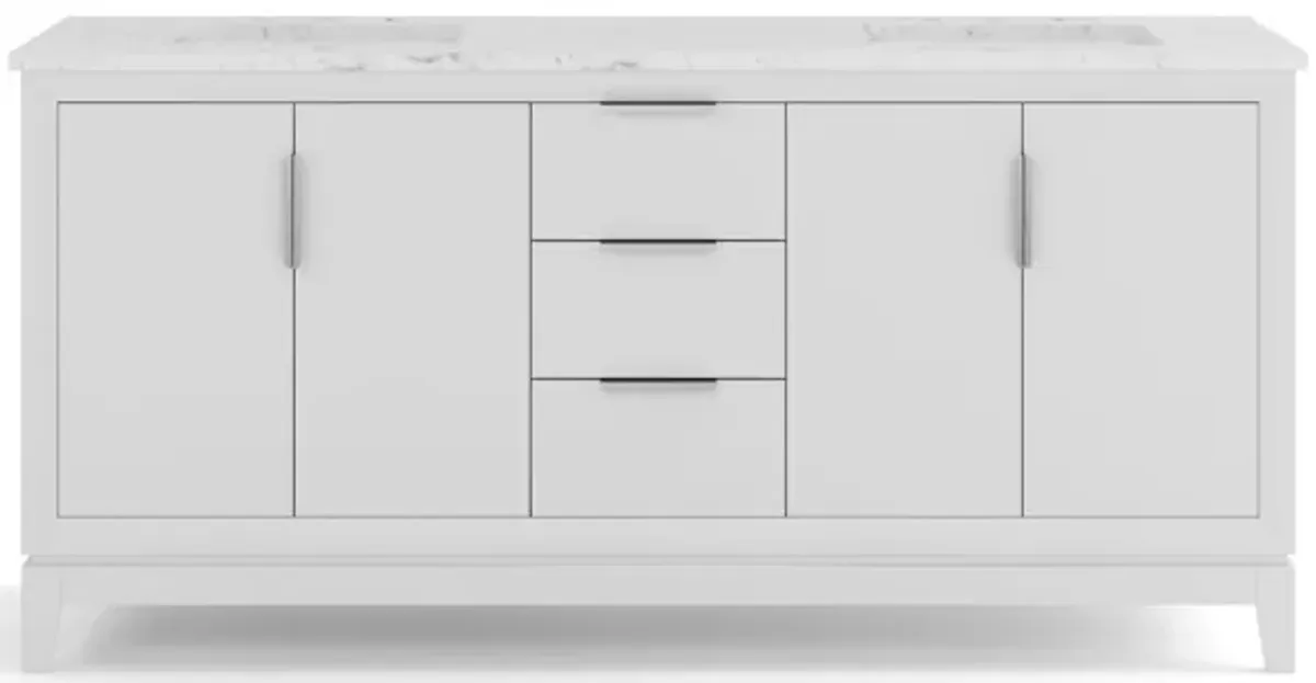 Elizabeth 72 In. Double Sink Carrara White Marble Countertop Bath Vanity In Pure White with Brushed Silver Hardware