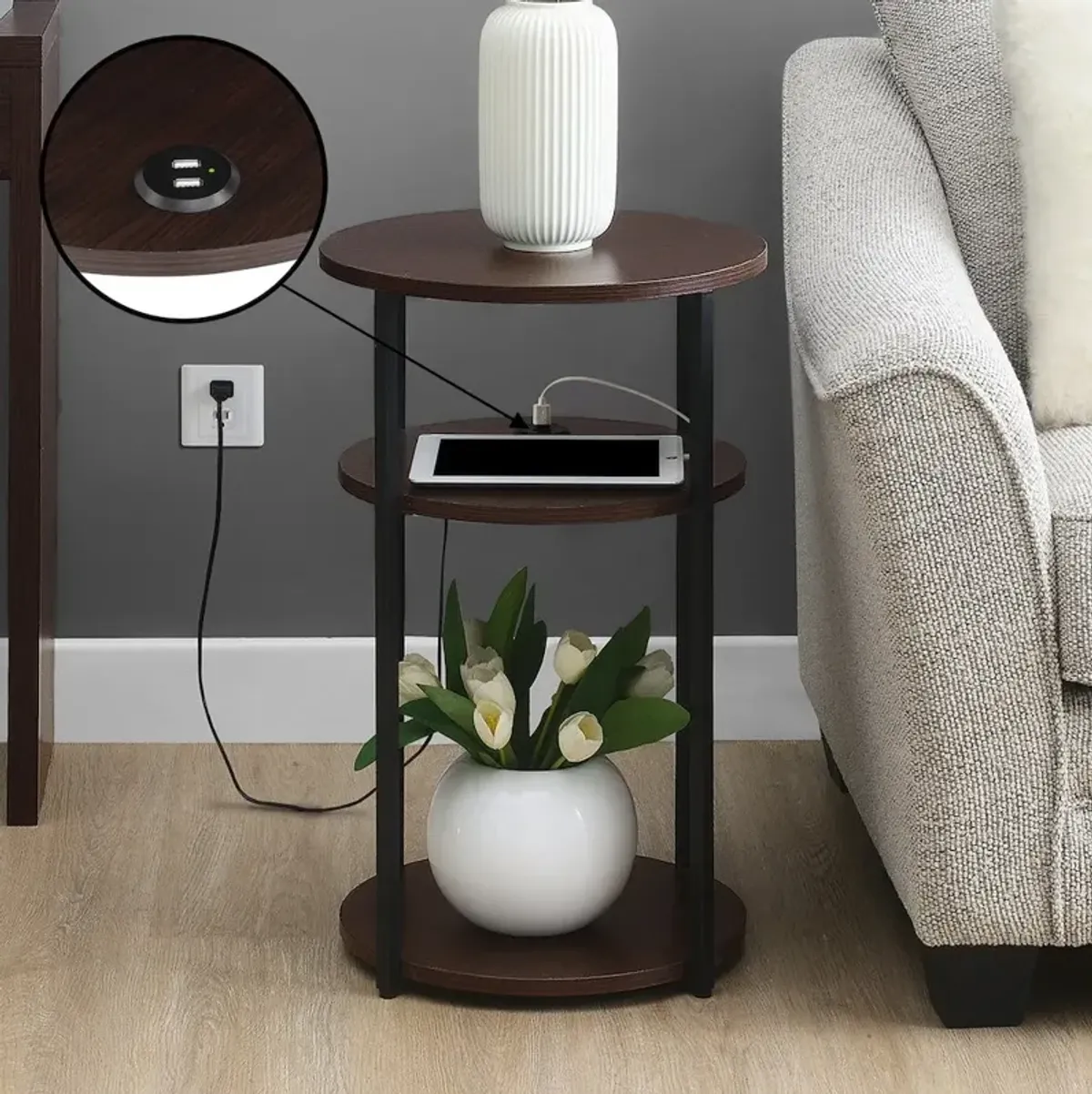 Convenience Concepts Designs2Go Simon 3 Tier End Table with USB Ports