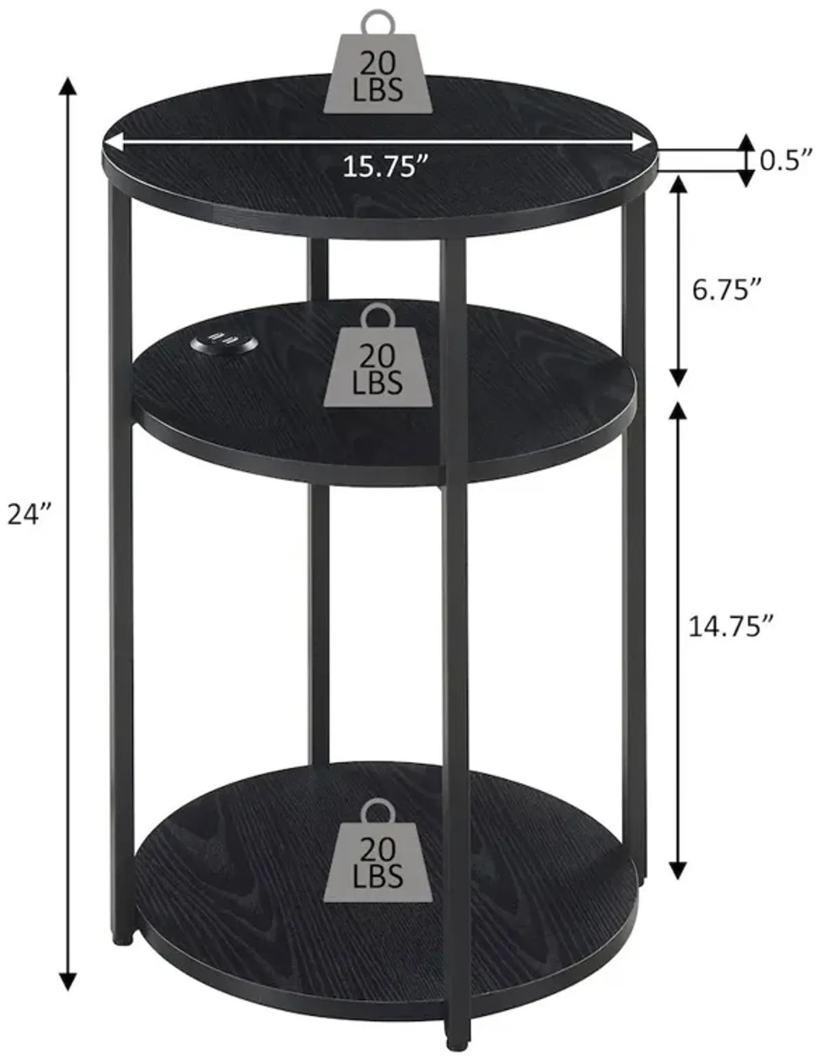 Convenience Concepts Designs2Go Simon 3 Tier End Table with USB Ports