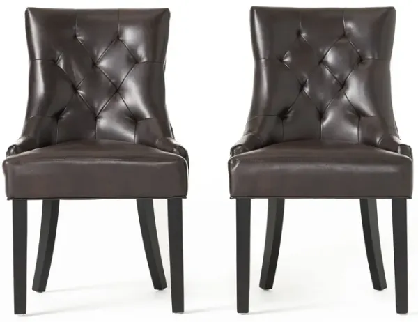 Chen Dining Chair Set of 2, Sloped Arms, Tufted Brown Faux Leather - Benzara