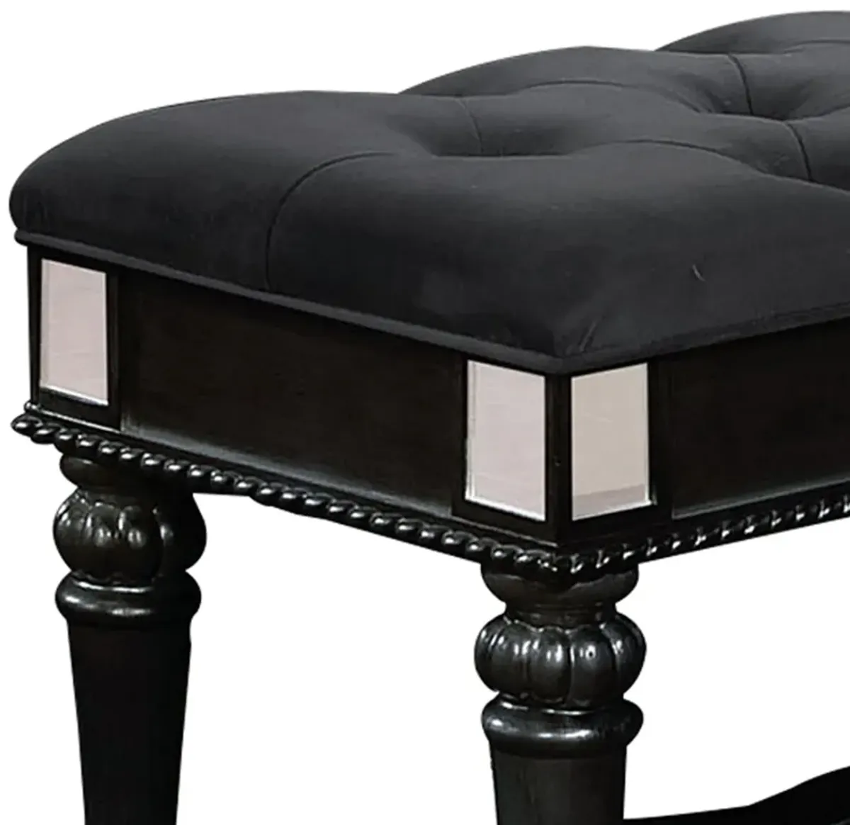 Fabric Padded Bench with Deep Button Tufting and Turned Legs, Black-Benzara