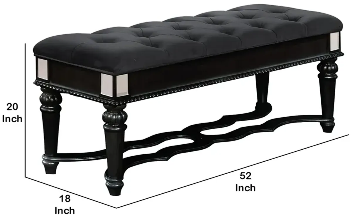 Fabric Padded Bench with Deep Button Tufting and Turned Legs, Black-Benzara