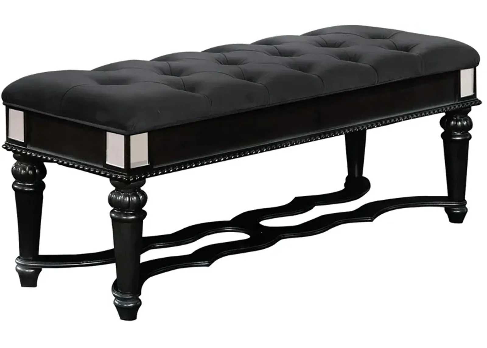 Fabric Padded Bench with Deep Button Tufting and Turned Legs, Black-Benzara