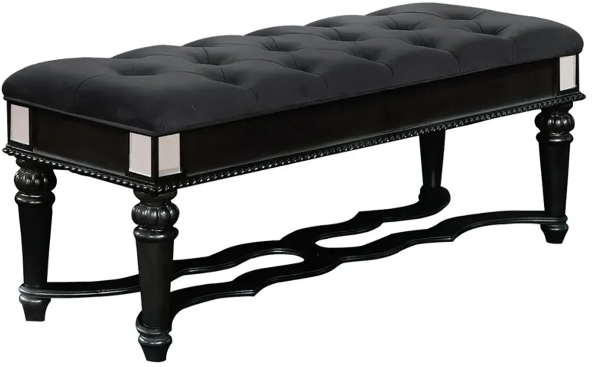 Fabric Padded Bench with Deep Button Tufting and Turned Legs, Black-Benzara