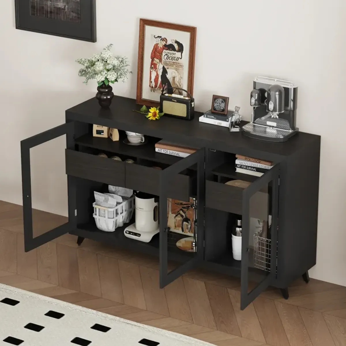 FUFU&GAGA Modern Sideboard with Glass Doors and Storage Drawers, Multi-Functional Buffet Cabinet, (59" W x 15.7" D x 35.4" H), Black