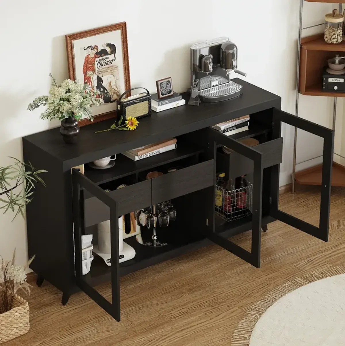 FUFU&GAGA Modern Sideboard with Glass Doors and Storage Drawers, Multi-Functional Buffet Cabinet, (59" W x 15.7" D x 35.4" H), Black