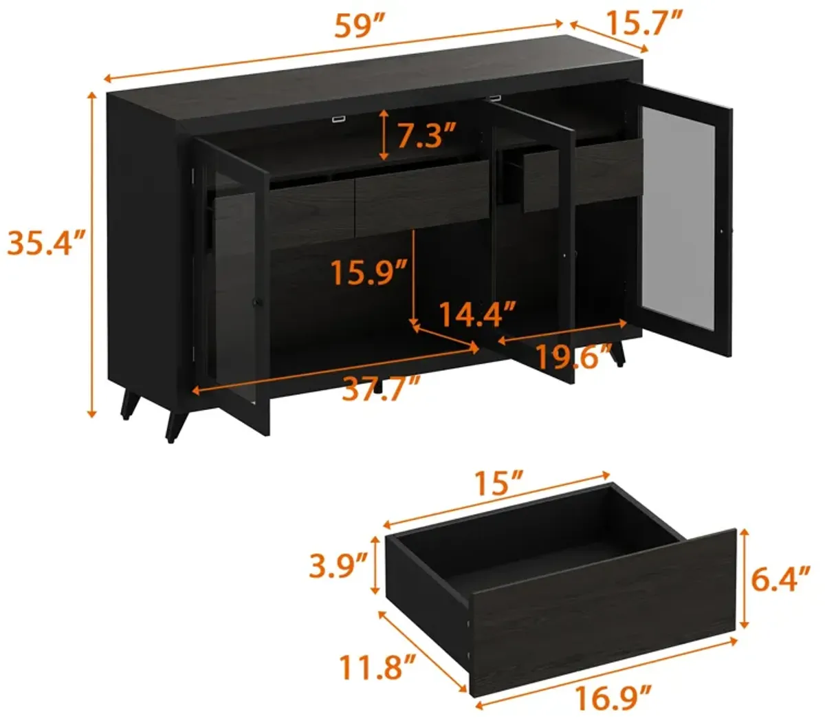 FUFU&GAGA Modern Sideboard with Glass Doors and Storage Drawers, Multi-Functional Buffet Cabinet, (59" W x 15.7" D x 35.4" H), Black