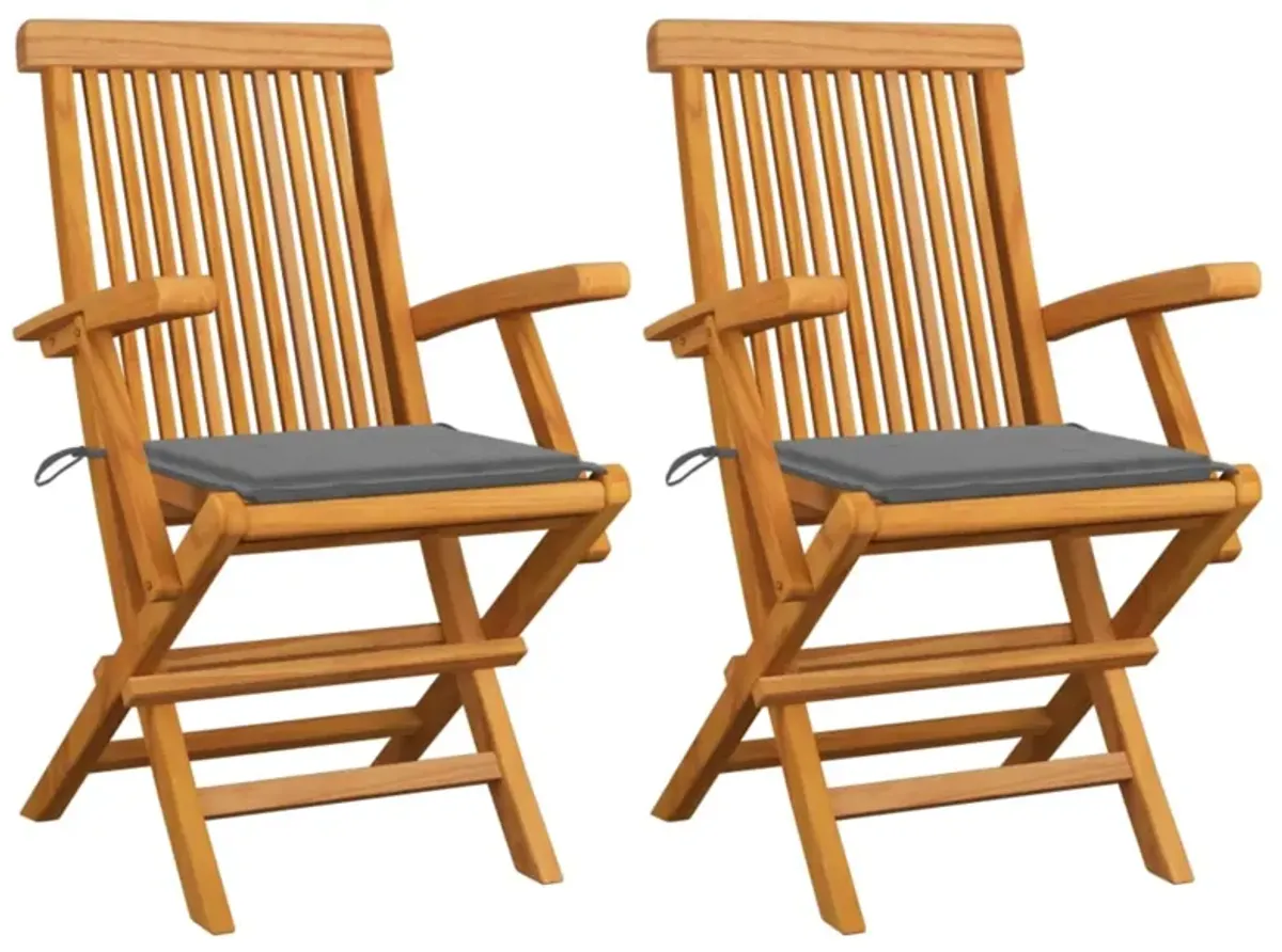 vidaXL Garden Chairs with Gray Cushions 2 pcs Solid Teak Wood