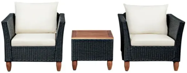 Hivvago 3 Pieces Patio Wicker Furniture Set with Cushions and Acacia Wood Coffee Table Outdoor
