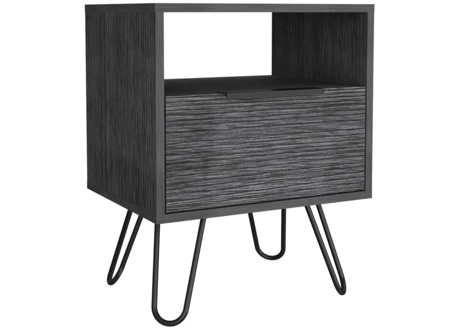 DEPOT E-SHOP Begonia Night Stand-Two Shelves, One-Door Drawer, Four Steel Legs-Smoky Oak, For Bedroom