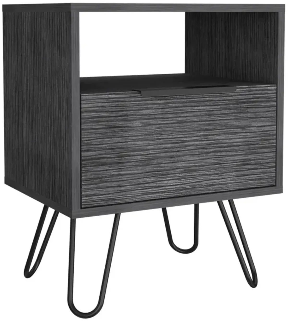 DEPOT E-SHOP Begonia Night Stand-Two Shelves, One-Door Drawer, Four Steel Legs-Smoky Oak, For Bedroom