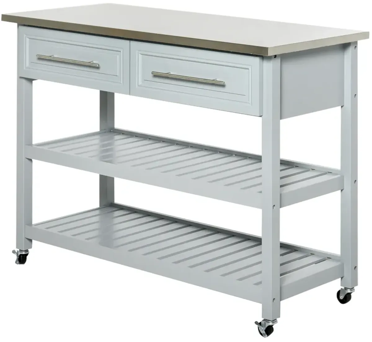 Pine Wood Mobile Kitchen Island Utility Cart w/ Stainless Steel Gray