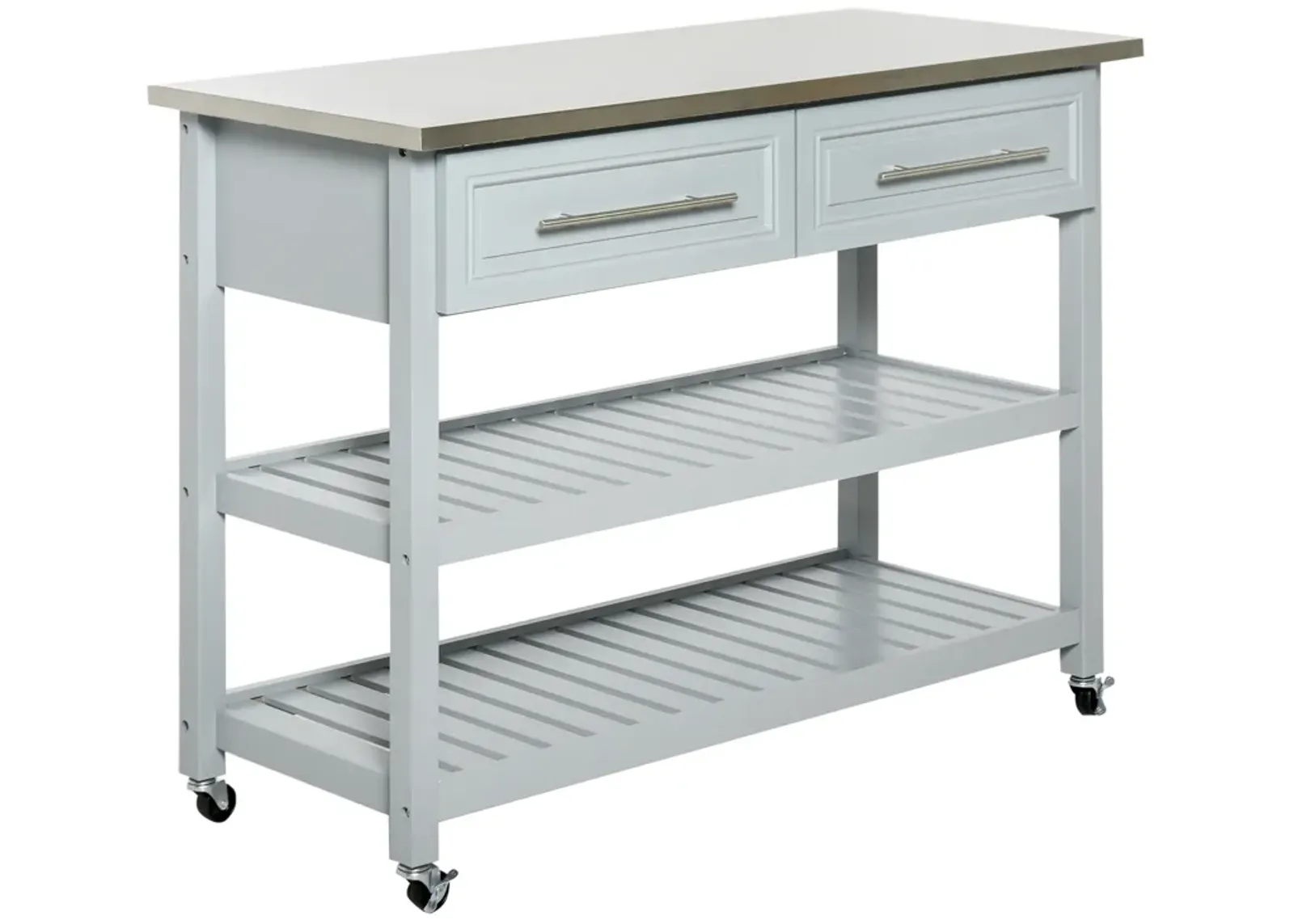 Pine Wood Mobile Kitchen Island Utility Cart w/ Stainless Steel Gray