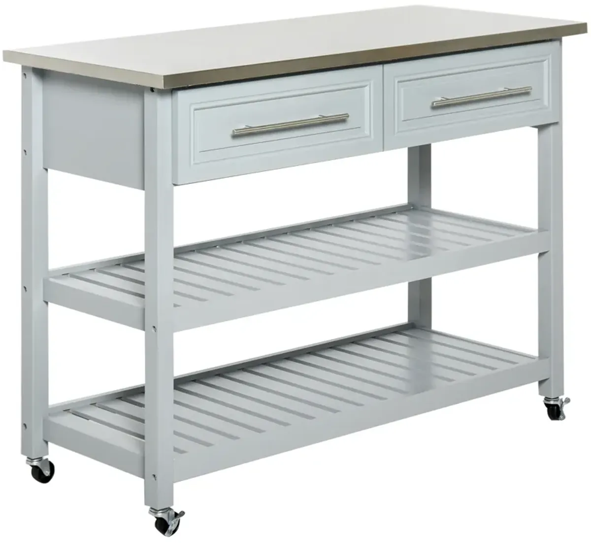 Pine Wood Mobile Kitchen Island Utility Cart w/ Stainless Steel Gray