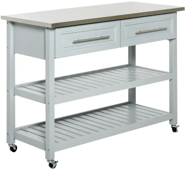 Pine Wood Mobile Kitchen Island Utility Cart w/ Stainless Steel Gray