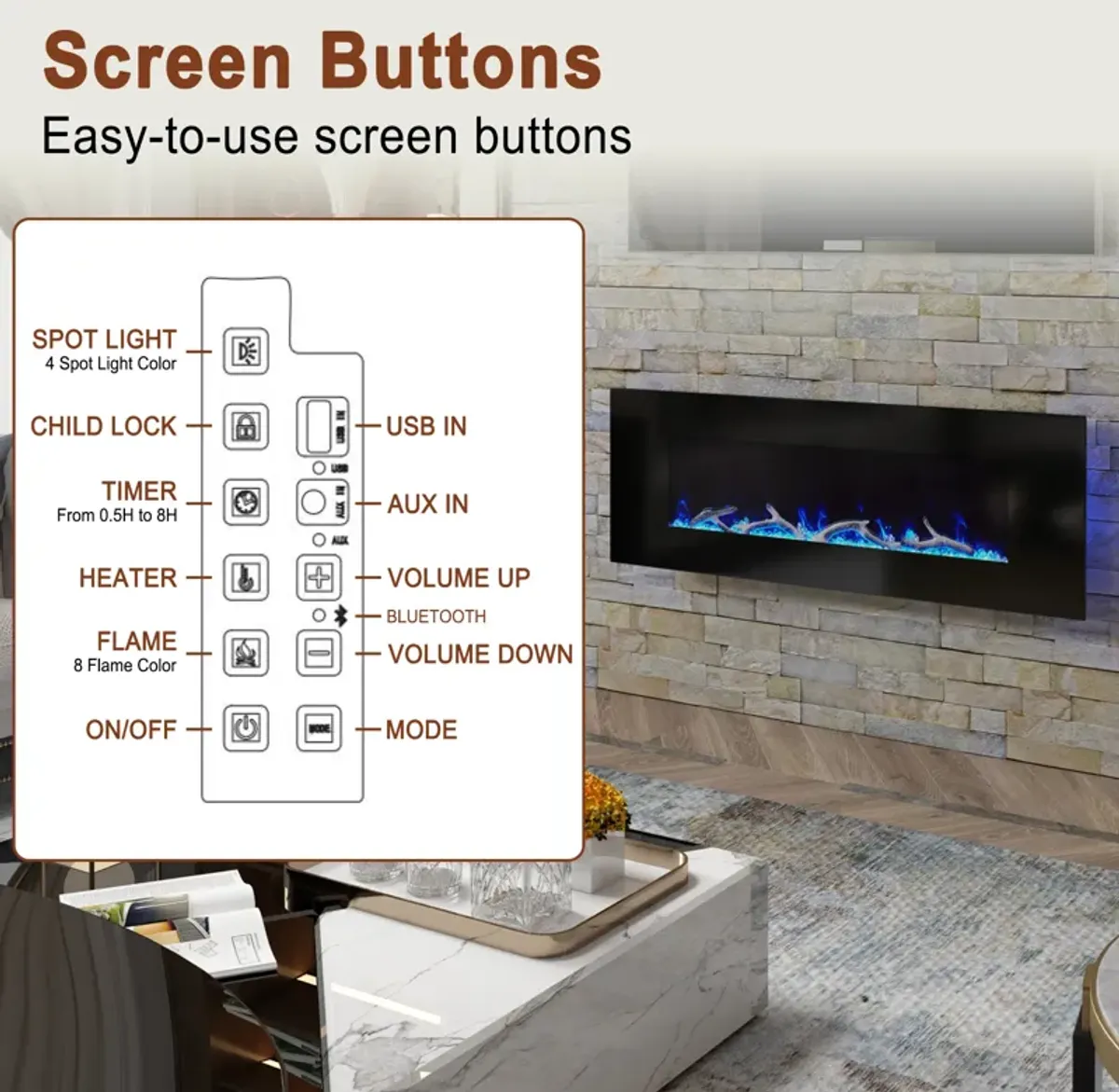 MONDAWE 50" Wall-Mounted Electric Fireplace 5120 BTU Heater with Bluetooth Speaker & Remote Control Adjustable Flame Color & Temperature Setting