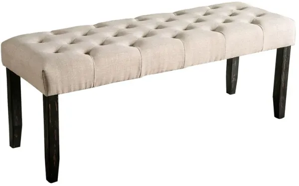 20 Inch Button Tufted Wooden Bench, Antique Black and Beige-Benzara