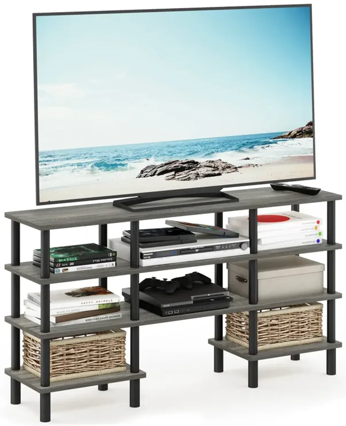 Furinno Furinno Turn-N-Tube 4-Tier Multipurpose Wide Shelf TV Stand, French Oak/Black