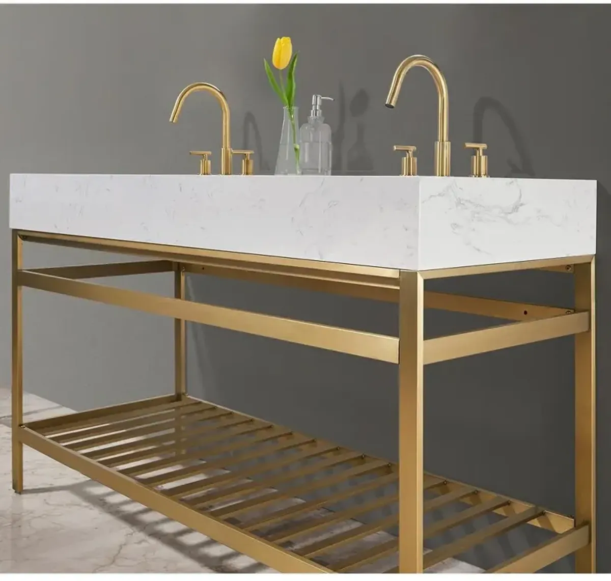 Altair 60 Double Stainless Steel Vanity Console in Brushed Gold without Mirror