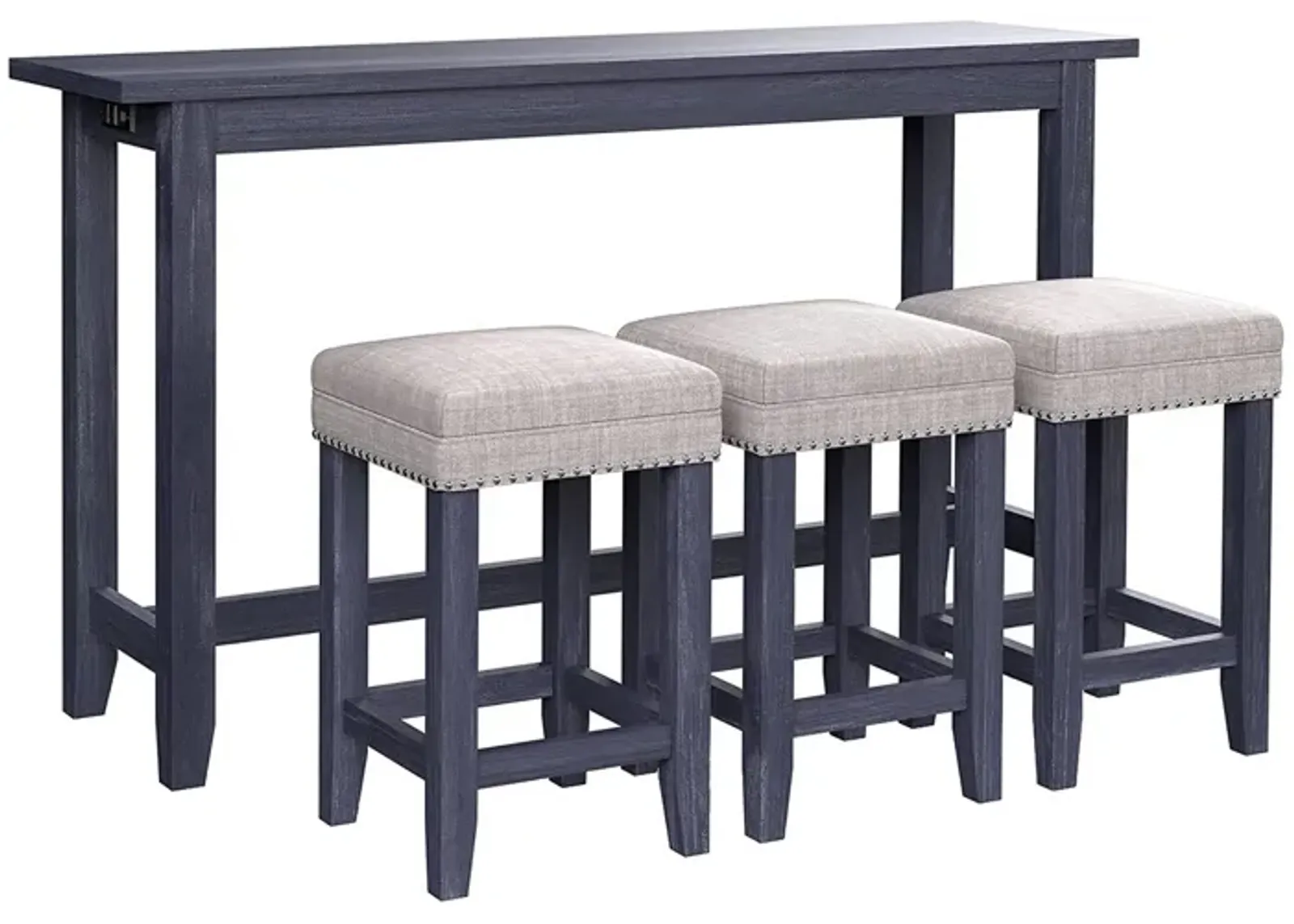 Eala 4 Piece Counter Height Table and Stool Set, Blue Wood, Gray Fabric-Benzara