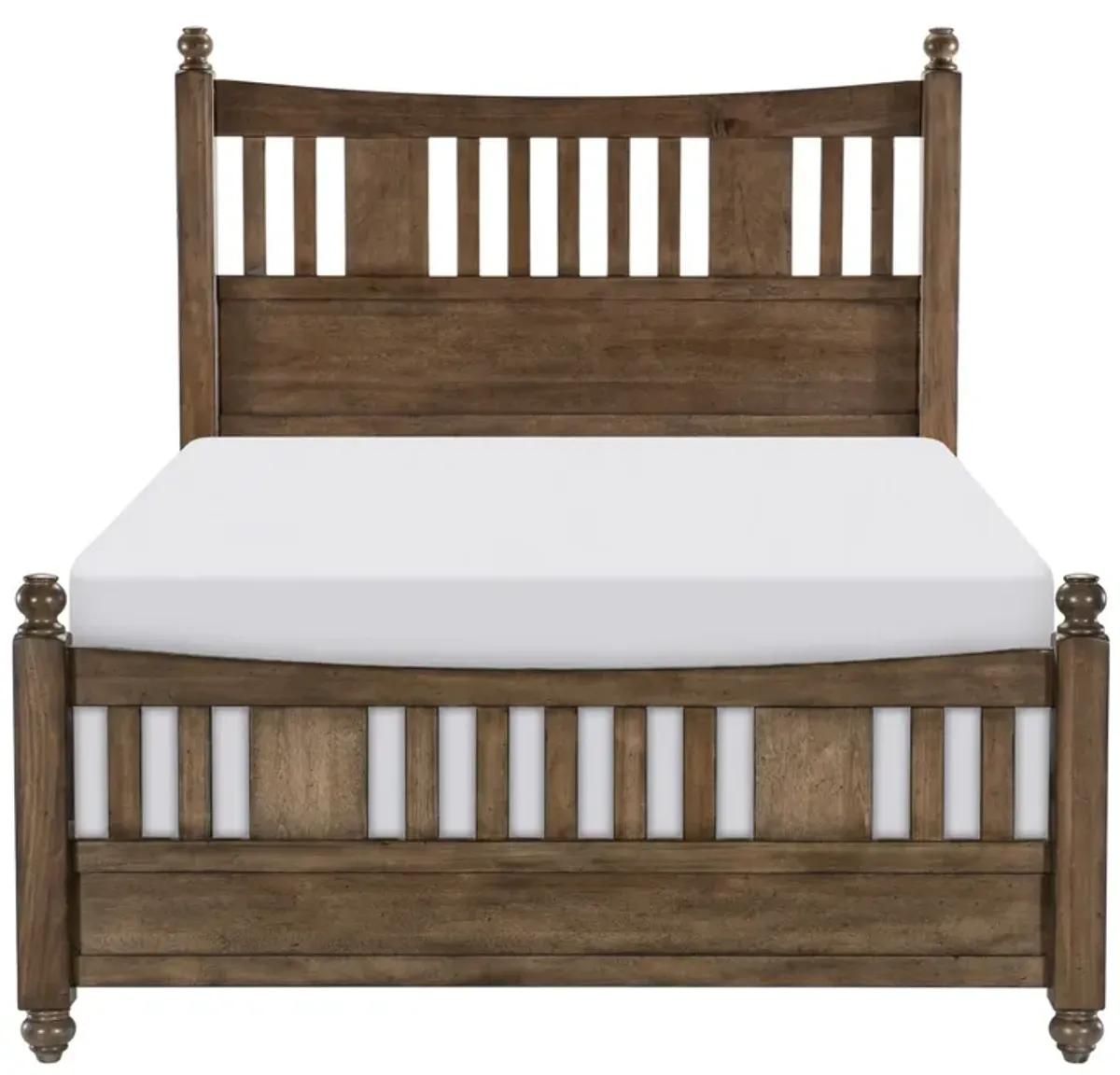 Reva Queen Bed, Finial Topped Posts, Vertical Slats, Light Brown Wood - Benzara