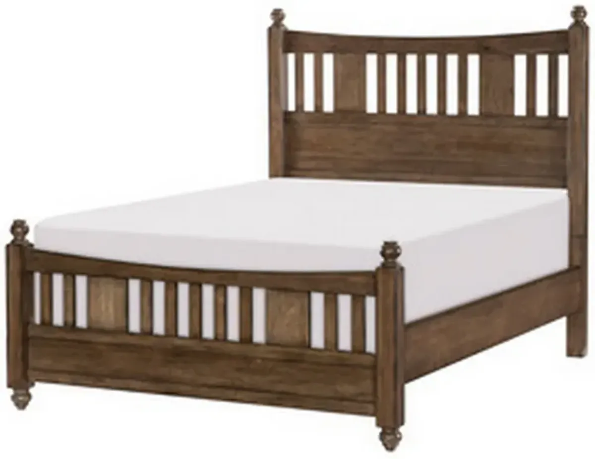 Reva Queen Bed, Finial Topped Posts, Vertical Slats, Light Brown Wood - Benzara