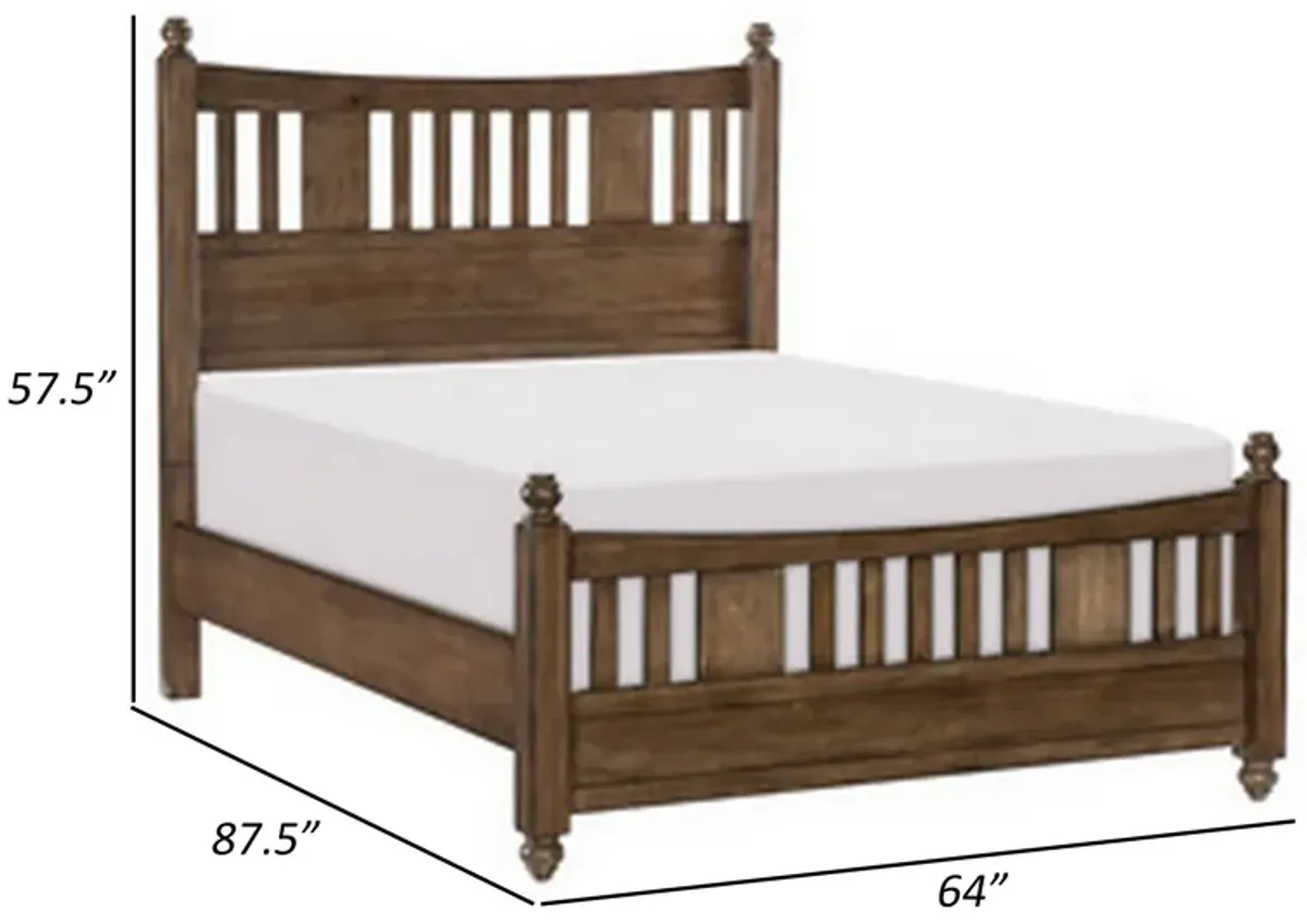 Reva Queen Bed, Finial Topped Posts, Vertical Slats, Light Brown Wood - Benzara